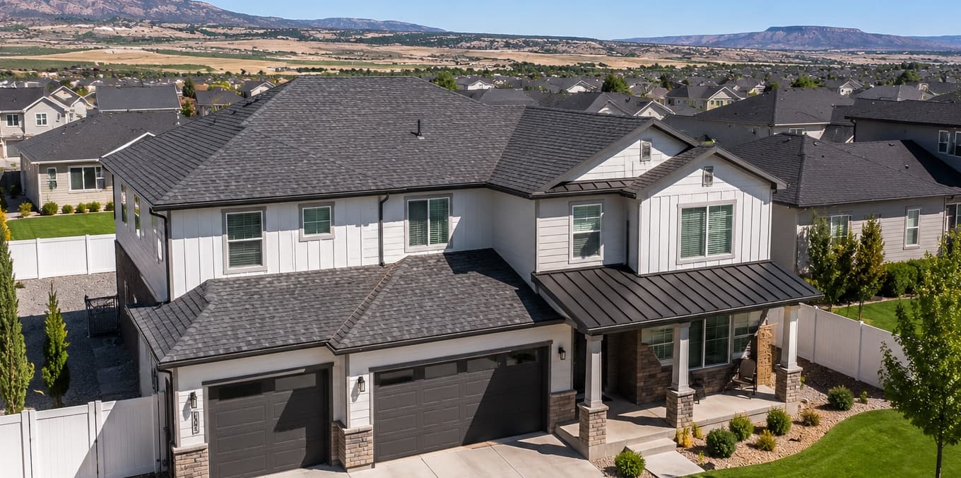 A completed Cardona Company roof on a two-story Southern Utah home framed by red-rock mesas
